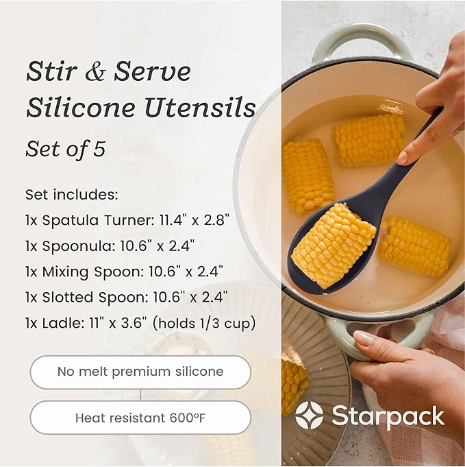 Starpack 'Stir & Serve' Silicone Cooking Utensils Set (5 Pcs) - 10.5" - Kitchen Utensil Set Heat Resistant to 600°F - Kitchen Utensils for Nonstick Cookware - Silicone Utensil Set for Mixing & Cooking