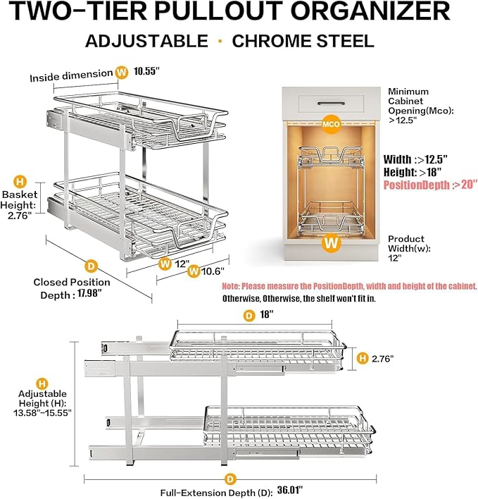 QUYUWU 2-Tier Kitchen Cabinet,Pull Out Cabinet Organizer,Shelf and Drawer Organizer Slide Out Pantry Storaqe Basket in Multiple Sizes (12" W x21 D)