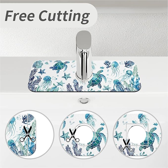 Kitchen Sink Splash Guard，Turtles and jellyfish Faucet Mat Sink Gadgets-Super Absorbent Fast Drying Mat Drip Catcher for Kitchen, Bathroom,Sink Mat, Dish Drying Mat, Bathroom(15" X 5.5" )