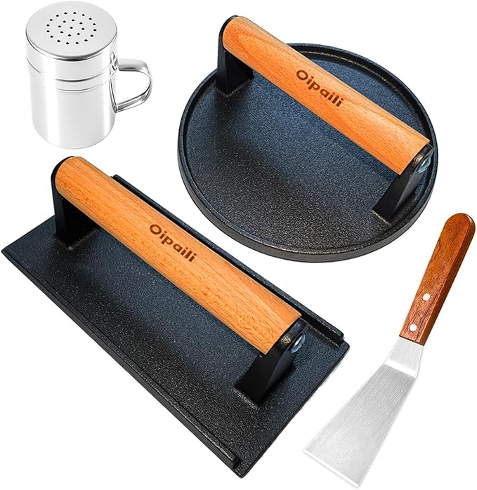 Smash Burger Press Kit for Griddle, 4PCS Heavy-Duty Cast Iron Round Burger Smasher & Rectangle Grill Press Meat Steak Weight for Bacon, Paninis, Hamburger, Sandwich, with Spatula & Seasoning Shaker