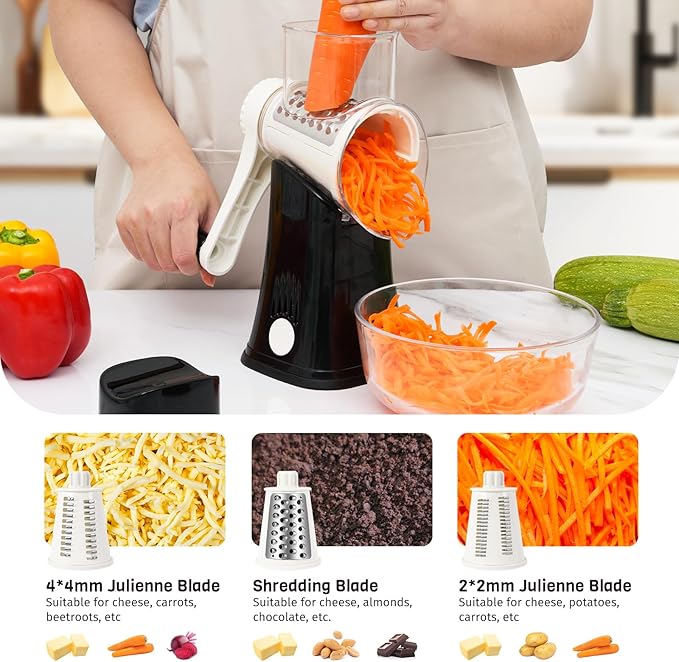 Nexsujo 5-in-1 Rotary Cheese Grater Hand Crank, Vegetable Slicer Shredder with 5 Interchangeable Blades, Graters for Kitchen, Safe Kitchen Tool for Cheese, Nuts, Chocolate, Black