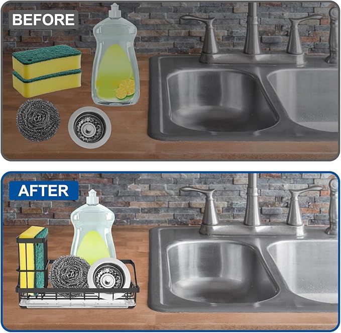 1PCS Sink Drain Rack Stainless Steel Sponge Holder Sink Organizer Rack Rustproof Kitchen Countertop Brush Sponge Holder with Detachable Drip Tray
