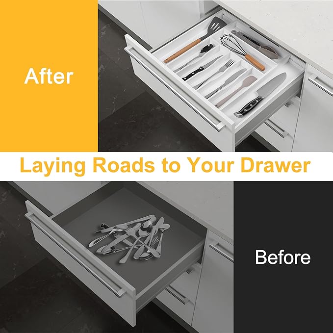 oridom Large Premium Bamboo Silverware Organizer - Expandable Drawer Organizer & Utensil Organizer - 17"x19.7" Cutlery Tray with Dividers for Kitchen Utensils and Flatware (7-9 Slots) (White)