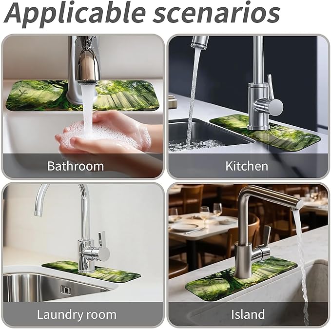 Kitchen Sink Splash Guard，Quiet Forest Faucet Mat Sink Gadgets-Super Absorbent Fast Drying Mat Drip Catcher for Kitchen, Bathroom,Sink Mat, Dish Drying Mat, Bathroom(15" X 5.5" )