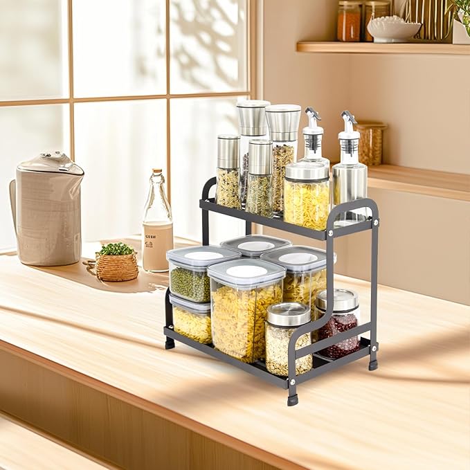 Jofuas 2-Tier Metal Organizer Shelf for Bathroom & Kitchen - Heavy Duty Countertop Storage, Under Sink Cosmetic & Spice Organizer with Non-Slip Base, Easy Assembly