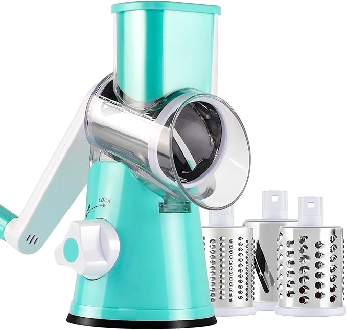 Ancevsk Cheese Grater Hand Crank, Rotary Vegetable Shredder with Handle and Strong Suction base, 3 in 1 Kitchen Speed Spin Veggie Slicer Nut Grinder for Pizza Top, Hash brown, Salad and More (Blue)