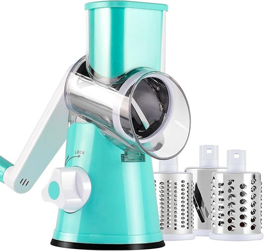 Ancevsk Cheese Grater Hand Crank, Rotary Vegetable Shredder with Handle and Strong Suction base, 3 in 1 Kitchen Speed Spin Veggie Slicer Nut Grinder for Pizza Top, Hash brown, Salad and More (Blue)