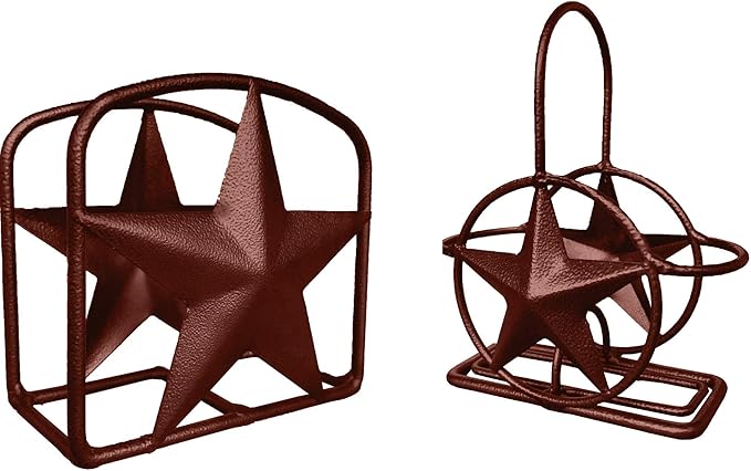Brown Rustic Texas Star Paper Towel Holder, Napkin Holder, Salt and Pepper Shakers Holder, Country Farmhouse Iron Kitchen Counter Accessory Set Holders (Paper Towel, Napkin, S&P Holder (3 Piece Set))