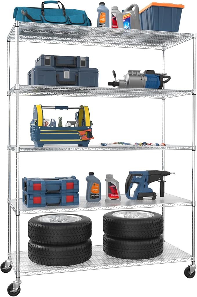 5 Tier NSF Wire Shelf Shelving Unit, 24 x 60 x 82 Inch 7500lbs Capacity Heavy Duty Adjustable Storage Metal Rack with Wheels/Leveling Feet & Shelf Liners, Ideal for Garage, Kitchen, and More - Chrome