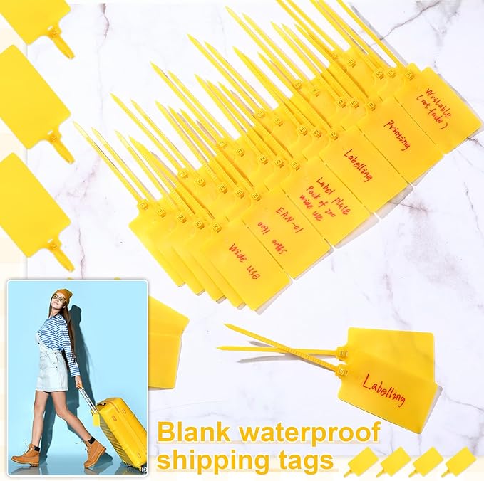 Chunful 500 Pcs Blank Plastic Tags Shipping Tags 3.94"x 2.36" Waterproof Sealing Shipping Labels Bulk Writable Hanging Tag Ties Sealing Strap Reusable Mark Labels for Keys Luggage Logistic(Yellow)