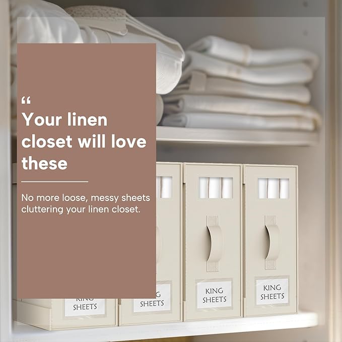 Criusia Bed Sheet Organizers and Storage, 8 Pack Foldable Linen Closet Organizer Box – Bedding Holder for Sheet Set (King/Queen Sizes), Duvet Covers, Blankets (Beige)