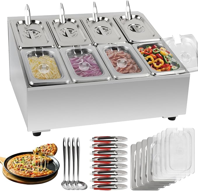Lanstics Pizza Topping Station Pizza Storage Container Topping containers with Lids Spoon Condiment Organizers Buffet Containers Set for Restaurant Pizza Sauce Jam Fruit Ingredient Pantry (8 Pans)