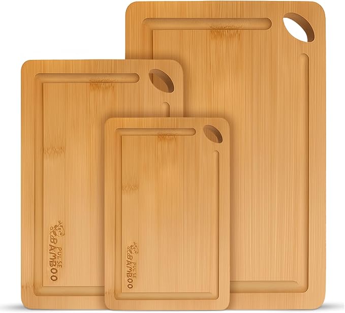 Bamboo Cutting Board Gift Set for Kitchen – Set of 3 Natural Bamboo Cutting Boards with Juice Grooves, Wooden Chopping Boards for Meat, Vegetables & Cheese, Durable Eco-Friendly Food Prep Board Set