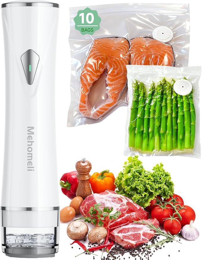 Compact Vacuum Sealer for Food (Vacuum Sealer Machine + 10 Reusable Vacuum Bags), Powerful Handheld Vacuum Sealer Machine, Seal Food 6X Fresh Longer, Portable & Wireless, Easy-Clean