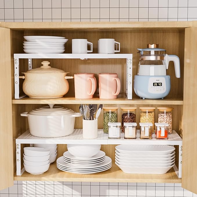 Ipotive Cabinet Shelf,Expandable Adjustable Stackable Kitchen Organizer,for cabinets, Kitchens, countertops, bathrooms Shelf Organizer(3Packs/White,Medium)