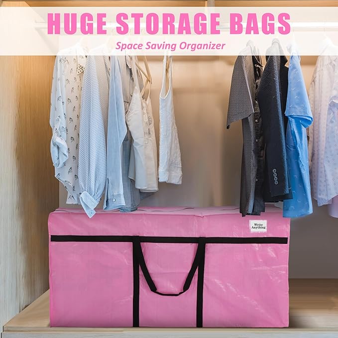 Windyun 4 Pack 69 Gallon Extra Large Moving Bags XXL Heavy Duty Storage Bag with Strong Zipper Handle Jumbo Big Tote Box Foldable for College Dorm Travel Clothes Duffle Blanket Pillow(Pink)