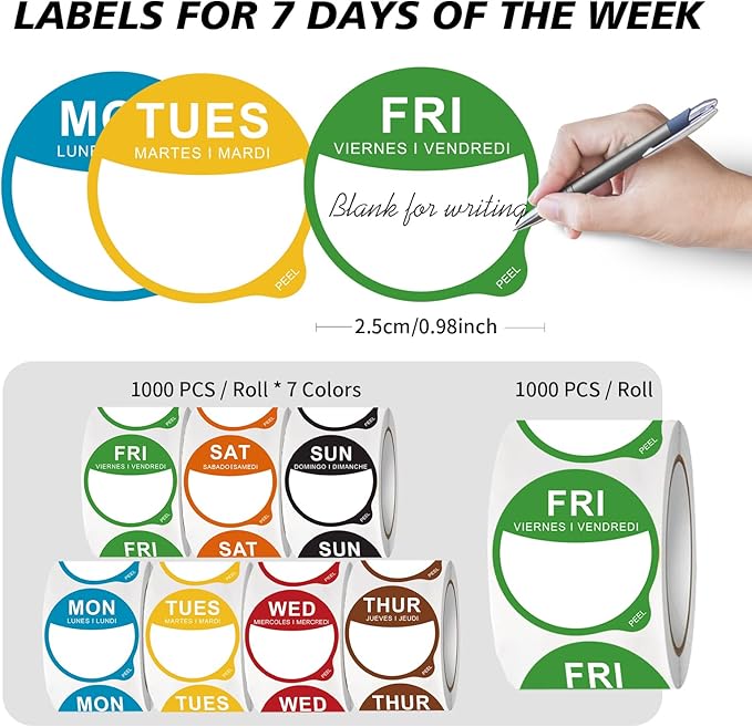 7000 Pcs 1 Inch Days of The Week Stickers, Removable Date Dots Food Labels Peel Tab(Mon-Sun) for Container Bottles, Kitchen Freezers, Restaurant Inventory Management Supplies(1000 pre-Cut per roll)