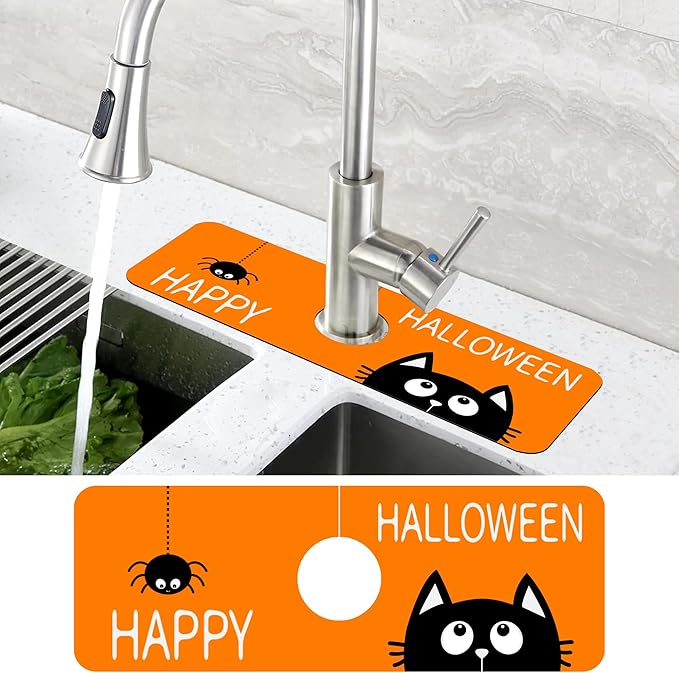 Halloween Cute Black Cat Kitchen Sink Splash Guard Mat Absorbent Fast Drying Mat Faucet Draining Mat Sink Splash Guard Behind Faucet Drip Catcher for Kitchen Bathroom 5.5"×15"