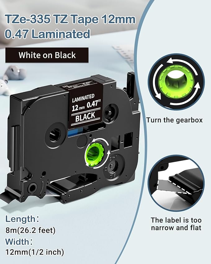 MarkDomain TZe-335 Black Tape Replacement for Brother Label Maker Tape 12mm 0.47" White on Black Laminated Label Tape Compatible with Brother P-Touch PTD220 PTD210 PTH110 PT-2040, 5-Pack