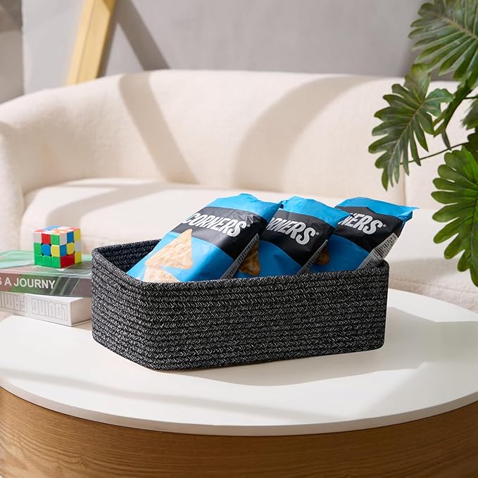 Large Shallow Organizing Baskets 15x11x5.1 Inches - Rope Woven Storage Bins for Bathroom, Shelves, Cube Closet, Mixed Black 3 Packs
