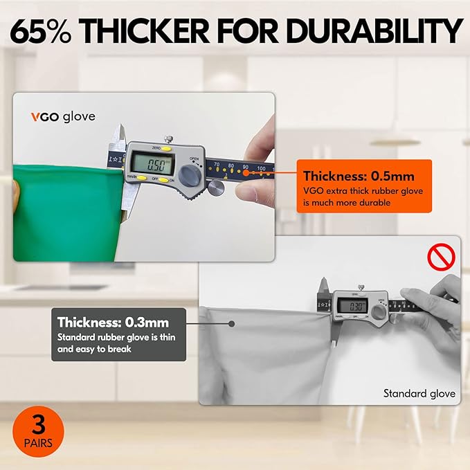 Vgo... 3-Pairs Reusable Household Gloves, Rubber Dishwashing gloves, Extra Thickness, Long Sleeves, Kitchen Cleaning, Working, Painting, Gardening, Pet Care (Size XL, Green, HH4601)