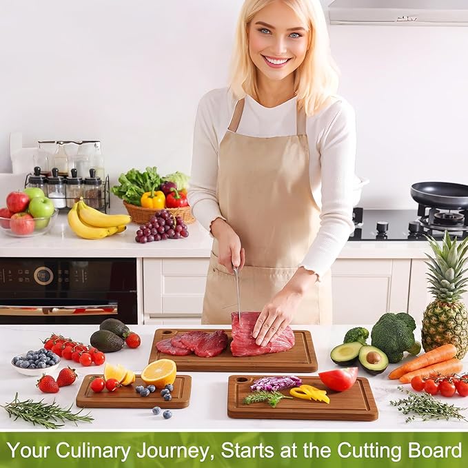 Homaxy Bamboo Cutting Board for Kitchen Set of 3, Wooden Cutting Boards with Non-Slip Mat Deep Juice Groove and Built-In Handles, Wood Chopping Board Set for Meat Fruits & Vegetables