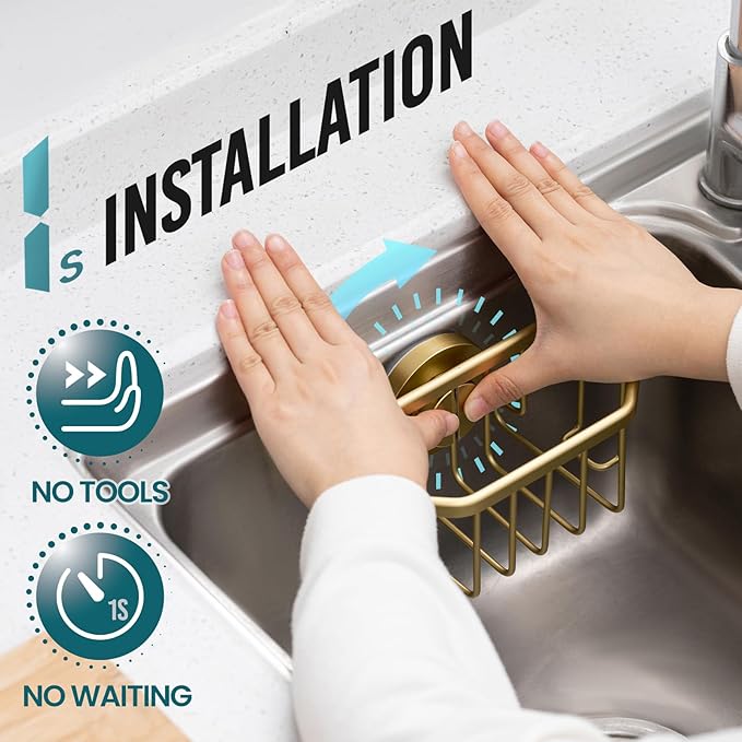 TAILI Sponge Holder for Kitchen Sink with Strong Suction Cup Removable, Rustproof Aluminum Sink Caddy for Sponge, Brush, Scrubber, Scraper -Gold