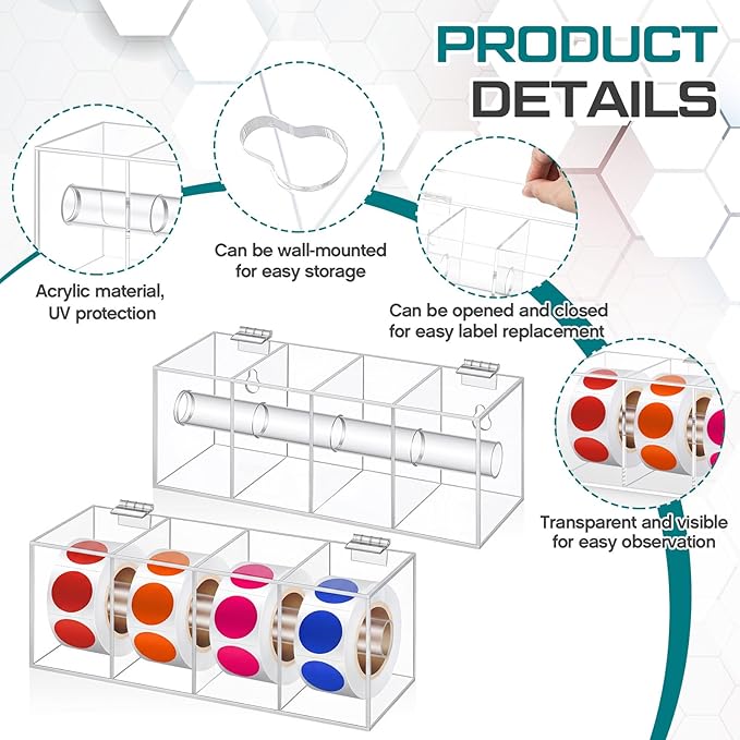 Day of The Week Sticker Dispenser 2.17" Square Acrylic Sticker Roll Holder Covered Label Dispenser Wall Mount 4 Slot Holder for Office Desktop Stickes, Clear, Short Single Layer(No Label)