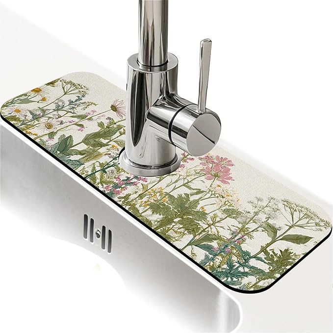 Kitchen Sink Splash Guard，English vintage garden Faucet Mat Sink Gadgets-Super Absorbent Fast Drying Mat Drip Catcher for Kitchen, Bathroom,Sink Mat, Dish Drying Mat, Bathroom(15" X 5.5" )