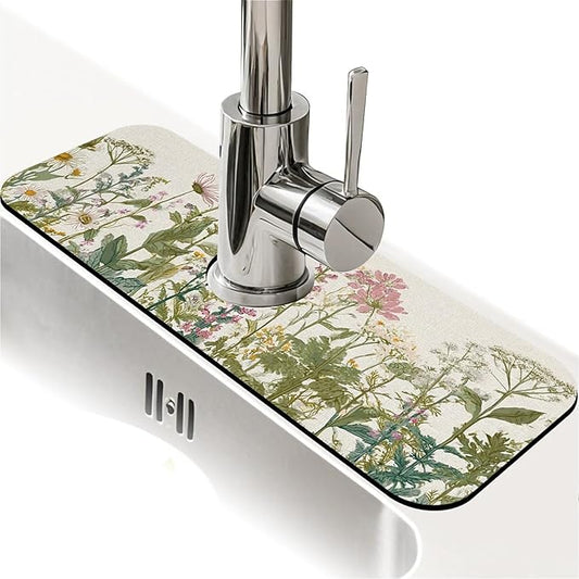 Kitchen Sink Splash Guard，English vintage garden Faucet Mat Sink Gadgets-Super Absorbent Fast Drying Mat Drip Catcher for Kitchen, Bathroom,Sink Mat, Dish Drying Mat, Bathroom(15" X 5.5" )