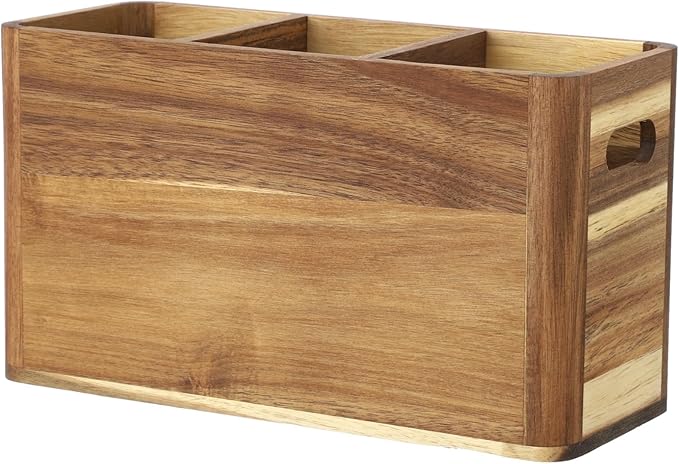 OMISTAR 3-Compartment Kitchen Wooden Utensil Holder Organizer, Large Wood Utensil Container with Dividers, 12 x 4.7 x 6.8 in, Wooden Storage for Cooking and Silverware