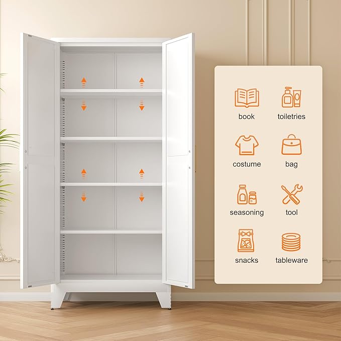 LCAOPC 71" Tall Metal Storage Cabinet with 2 Doors and 4 Adjustable Shelves, 5-Tier Kitchen Pantry Storage Cabinet for Kitchen, Living Room, Dining Room and Office, White