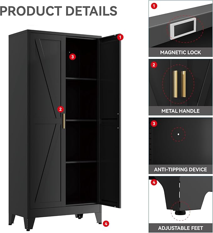 YNIQUESTLE Farmhouse Pantry Cabinet with Barn Doors,61" H x 27.5" W,Metal Cabinet with Adjustable Shelves,4-Tier Storage Cabinet for Kitchen Dining Room Garage Office,Black