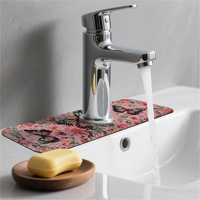 Kitchen Sink Splash Guard，Pink butterfly flower Faucet Mat Sink Gadgets-Super Absorbent Fast Drying Mat Drip Catcher for Kitchen, Bathroom,Sink Mat, Dish Drying Mat, Bathroom(15" X 5.5" )