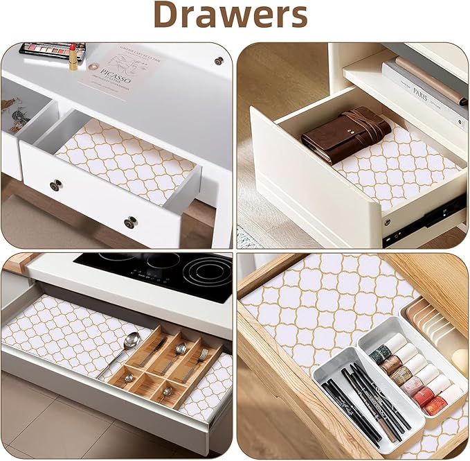 Shelf Drawer Liners for Kitchen Cabinets 11.8 x 236.2 Inches Non Adhesive Drawer Liner Thickened Refrigerator Liner Gold Quatrefoil Strong Non-Slip Paper for Tool Box with Knife and Tape Measure