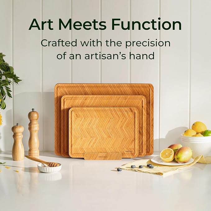 Keechee Atelier Collection Bamboo Cutting Board Set of 3, Reversible Wood Chopping Boards for Kitchen with Juice Grooves, Handcrafted Large Serving Tray, Luxury Housewarming Wedding Gifts for New Home