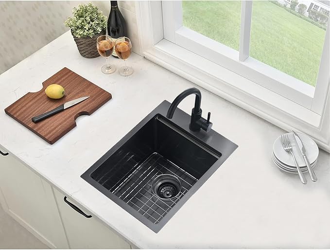 Black Bar Sink Drop In, 15x20 Inch Kitchen Sink Stainless Steel Small Topmount Workstation Sinks, Single Bowl Kitchen Sinks for Office Laundry Wet Bar Prep RV Outdoor Yard