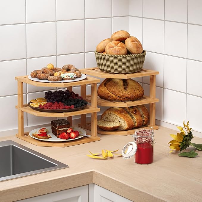 VERTORGAN 3 Tier Bamboo Corner Shelf(2 Pack),Dish Drying Rack,Plate Organizer,Kitchen Spice Rack for Countertop and Cabinet