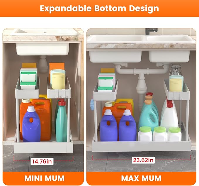 Expandable Under Sink Organizers and Storage,Width Adjustable (14.9-23.6IN),No Drill 2-Tier Pull Out Under Cabinet Organizer for Kitchen Bathroom Laundry White