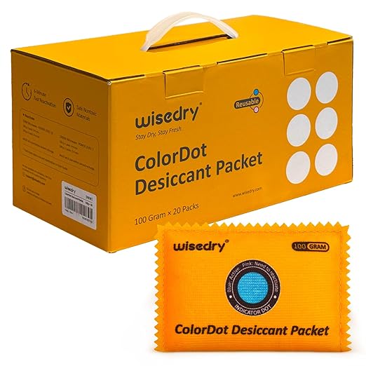wisedry 100g [20 Packs] Rechargeable Desiccant Packs for Storage, Color Indicating Silica Gel Desiccant Packets, Reusable Moisture Absorbers Bags for Storage Bins, Suitcase, Gun Safe, Tool Box