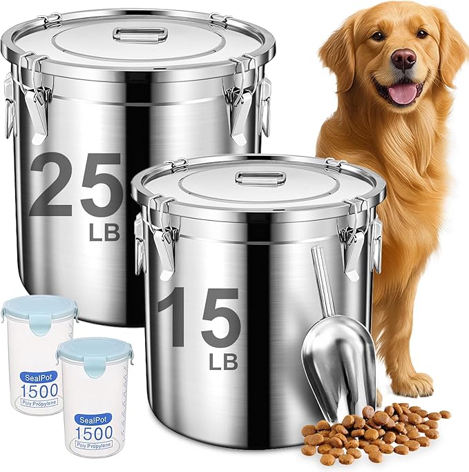 Newget Dog Food Storage Containers, Large Stainless Steel Pet Food Storage Containers 38 lb / 17 kg to Keep Fresh, Metal Airtight Cat Food Containers With Scoop and 2 Small Containers