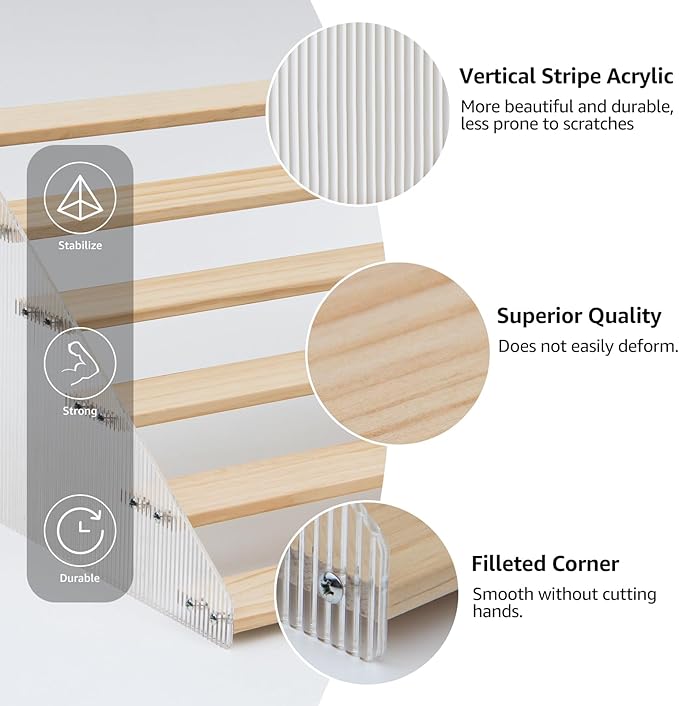 nianfeng Tiered Spice Rack, 6-Tier Spice Pantry Kitchen Cabinet Organizer, 16-Inch, Natural Wood Acrylic Stair Riser Stand, Countertop Seasoning Shelf