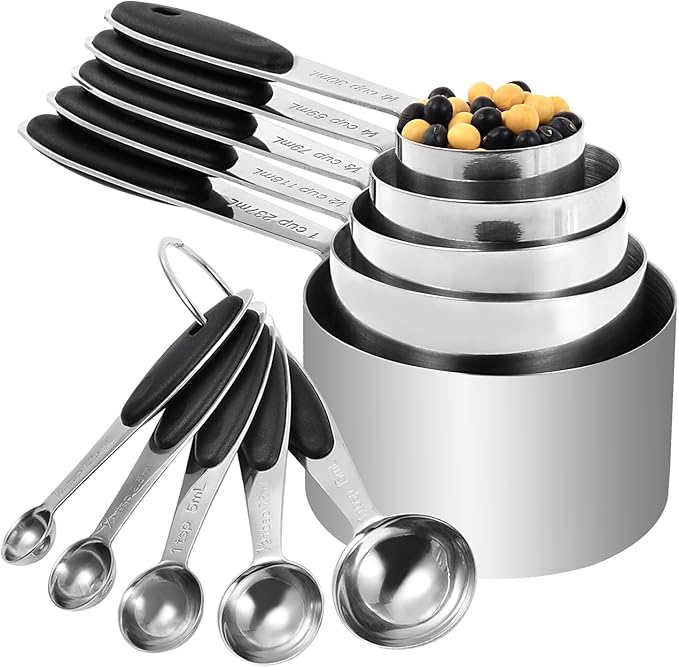 Stainless Steel Measuring Spoons & Cups Set, Includes 10 Sizes, from 1/4 tsp to 1 cup, Food Grade Stackable Tablespoons and Teaspoons Measuring Set for Cooking & Baking (Black)