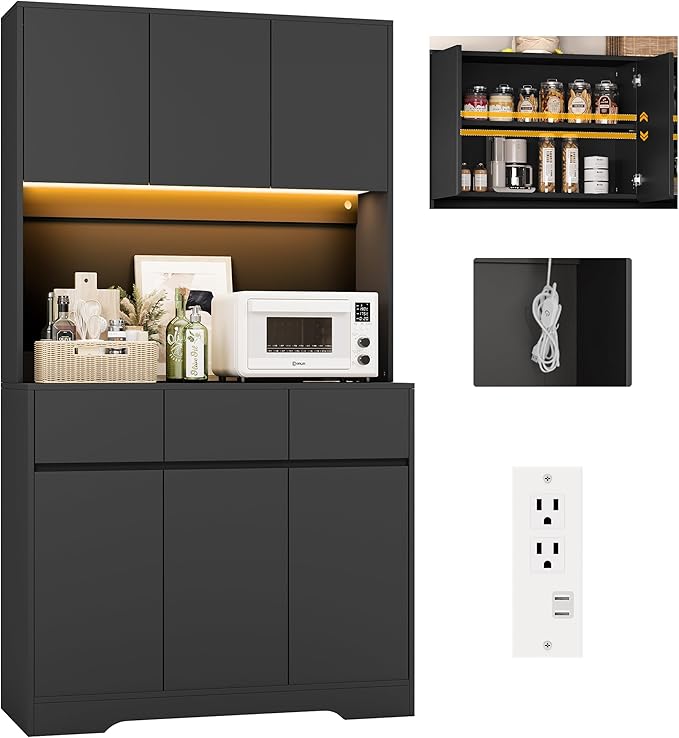 NBYSGO Tall Pantry Cabinet with LED Lights & Charging Station, Modern Kitchen Hutch with Microwave Stand, Storage Drawers & Shelves for Dining Room or Living Room – Black