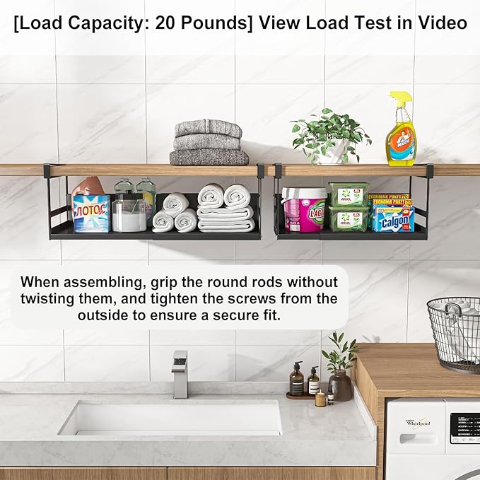 SHINEWON Expandable Under Cabinet Shelf Organizer with 0.94-Inch Thick Clips, Heavy Duty Extendable Under Shelf Storage Basket for Pantry or Laundry Room, Black, 1 Pack, Interior: 5.7" H x 7.2" D