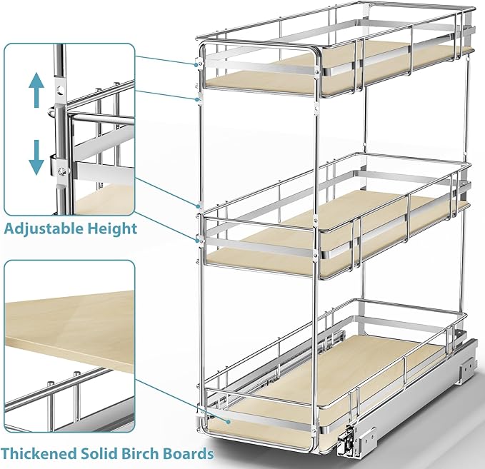 MODCART Pull Out Spice Rack Cabinet Organizer 9" W x 20½" D, 3 Tier Heavy Duty Slide Out Wood Shelf for Narrow Cabinet, Pull Out Storage for Kitchen