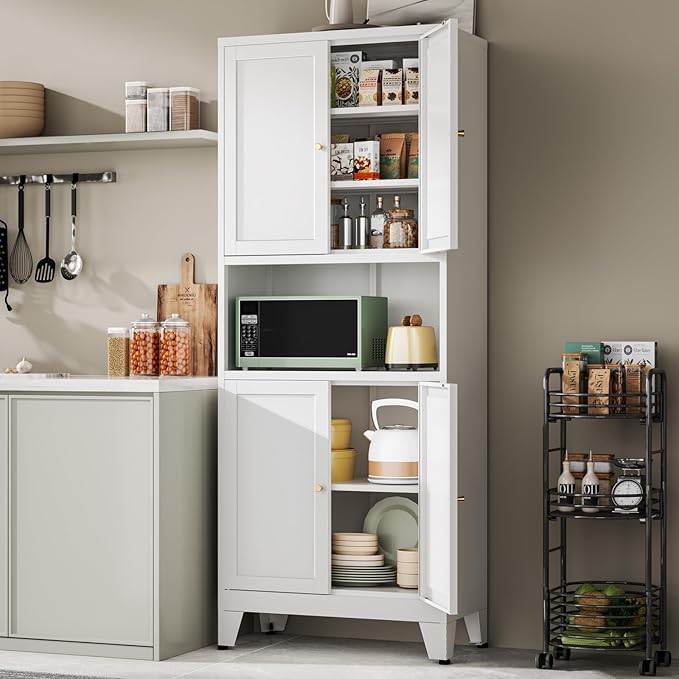 YAUWOH Metal Pantry Storage Cabinet, 69" Tall Storoge Cabinet with 4 Doors & 3 Adjustable Shelves, Microwave Stand with Storage for Kitchen, Dining Room, Living Room (1PC,White)