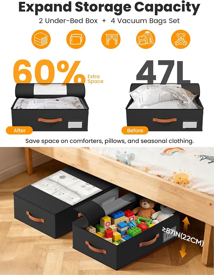TOSKING Under Bed Storage with Wheels 2 Pack, 4 Vacuum Bags Included, 7.9" Rolling Underbed Bins, Durable Oxford Fabric, 80lbs Heavy Duty Drawer Organizer for Clothes, Shoes, Toys, Black
