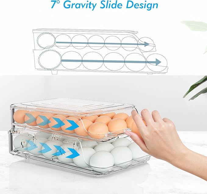 Egg Holder for Fridge, Foldable Automatic Rolling Egg Container for Refrigerator, Stackable Large-Capacity Egg Organizer Tray, Durable Clear Plastic Dispenser (3 dozens)