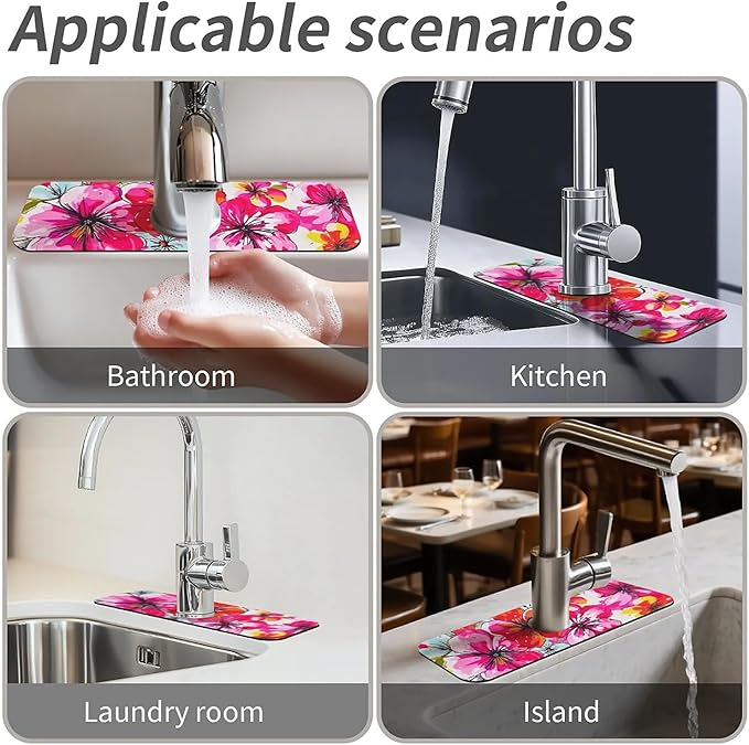 Kitchen Sink Splash Guard，Colorful fantastical flowers Faucet Mat Sink Gadgets-Super Absorbent Fast Drying Mat Drip Catcher for Kitchen, Bathroom,Sink Mat, Dish Drying Mat, Bathroom(15" X 5.5" )